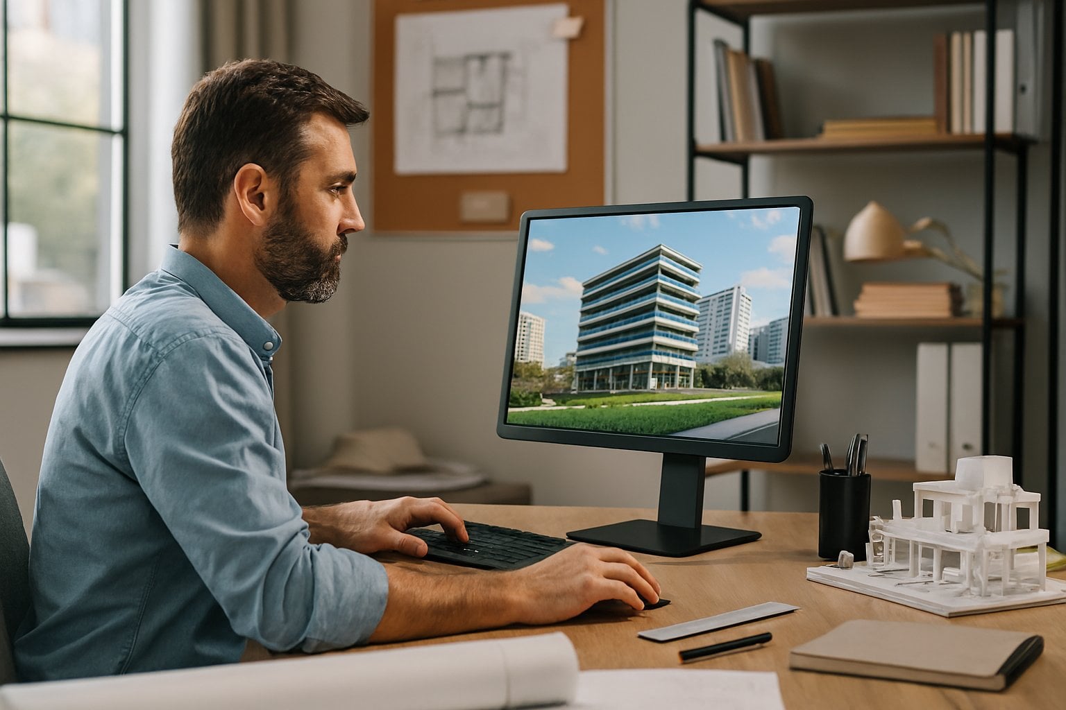 Profissional avaliando simulação energética de edifício no computador